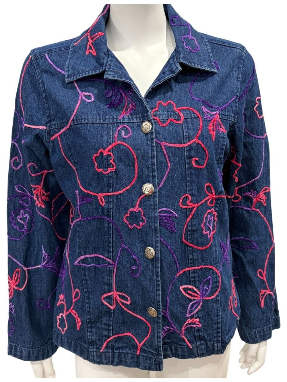Vntage Choices Embroidered Denim Jean Jacket Size L Button Up Textured Boho